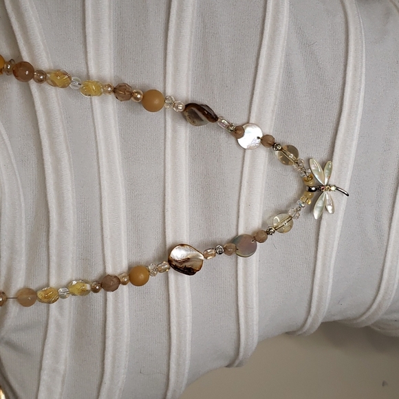 Vintage sea shell dragonfly pendent with rainbow crystals and beaded necklaces - Picture 3 of 5